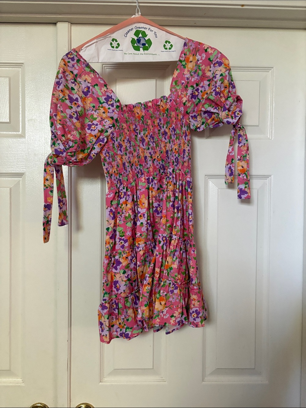 Peixoto Pink Floral Smocked Puff-Sleeve Dress